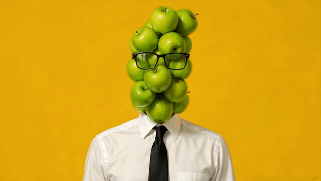 Man in white shirt with green apples for a head wearing glasses. Surreal businessman portrait against a bright yellow background. Conceptual identity theme for creative advertising campaigns.