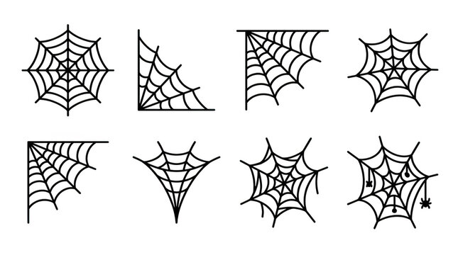 Set of spider web icons, halloween design elements isolated on transparent background