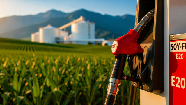 Red fuel nozzle at a pump in a green farm field. Biofuel silos and mountains sit in the sunset background. Sustainable energy concept for green fuel and eco-friendly farming marketing.