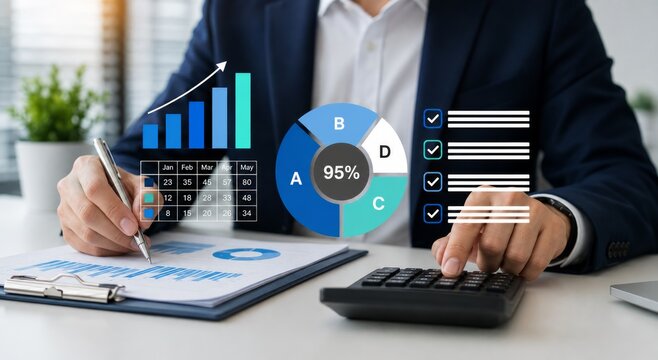 Businessman Using Calculator to Analyze Budget and Accounting Records for Financial Planning