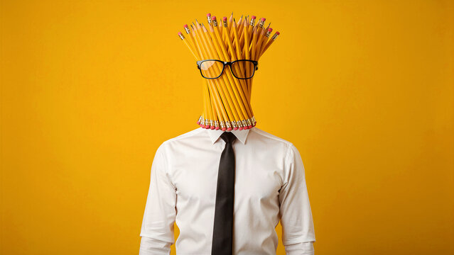 Businessman with a bundle of pencils for a head wearing glasses. Surreal conceptual portrait on bright yellow background. Creative thinking and education theme for marketing and growth.