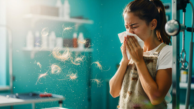 Woman sneezing into a tissue with pet hair floating in the air. Professional groomer suffering from allergic reaction in a pet salon. Pet dander allergy and occupational health concept.