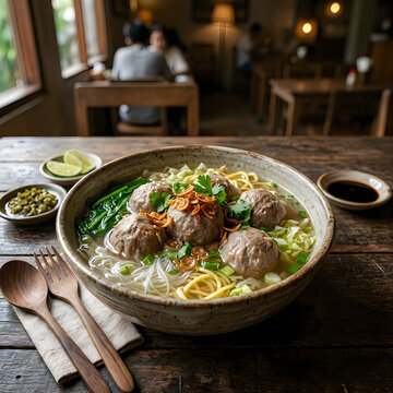 Delicious hot pot meal with vegetables and meat on wooden table
