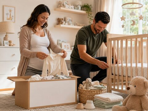 A happy expectant couple excitedly prepares the baby's room, organizing clothes and accessories while assembling a wooden crib in a bright nursery before the expected birth.