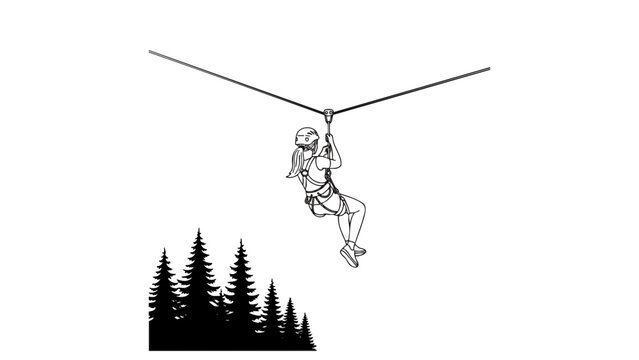Dynamic vector illustration of a thrilling zip line descent over pine forest trees, concept for cable ride action and outdoor extreme sport, ideal for adventure park promotion.