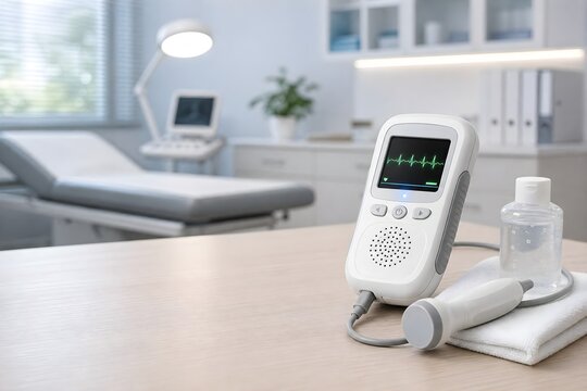 Handheld Fetal Doppler Monitor with Ultrasound Probe in a Modern Prenatal Examination Room