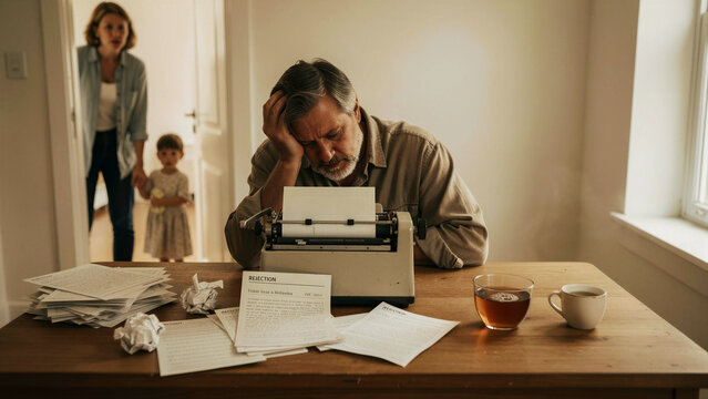 Stressed middle-aged man sits at a desk with a vintage typewriter and rejection letters. His wife and child watch from the doorway. Ideal for themes of failure, mental health, and career struggle.