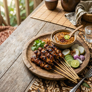 Outdoor meal with skewers and fresh salad on wooden tray
