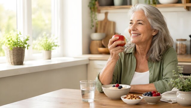 Happy senior woman enjoying healthy breakfast at home with fruit and nutritious food, active aging, balanced diet, elderly wellness, healthy lifestyle and positive retirement living concept