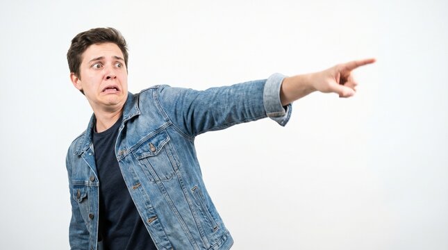 Scared young man in denim jacket pointing finger with terrified expression