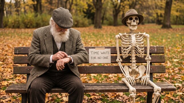 Senior man checking wristwatch sitting next to skeleton on autumn park bench
