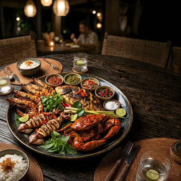 Delicious skewered meats and appetizers on dining table
