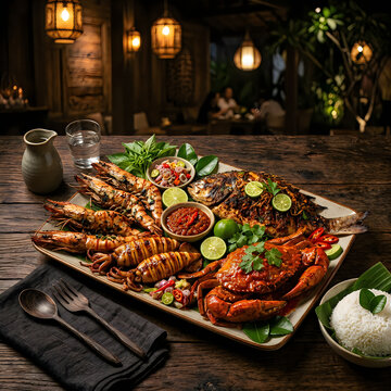 Grilled seafood platter with sides on rustic wooden board