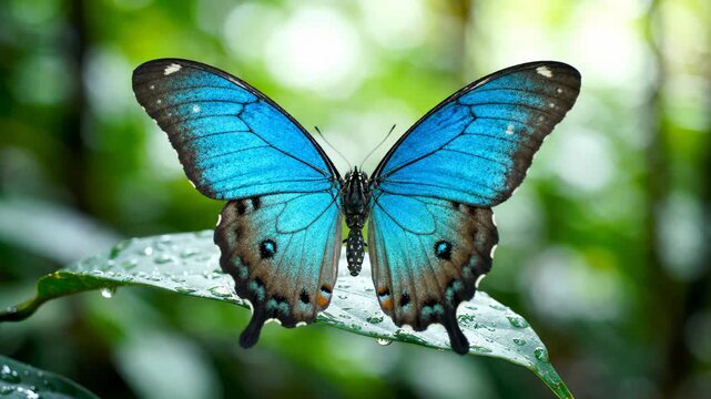 Stunning Blue Morpho Butterfly Resting on a Dewy Green Leaf in a Lush Tropical Rainforest
