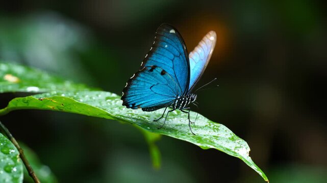 Beautiful Blue Morpho Butterfly Resting on a Wet Green Leaf in the Rainforest