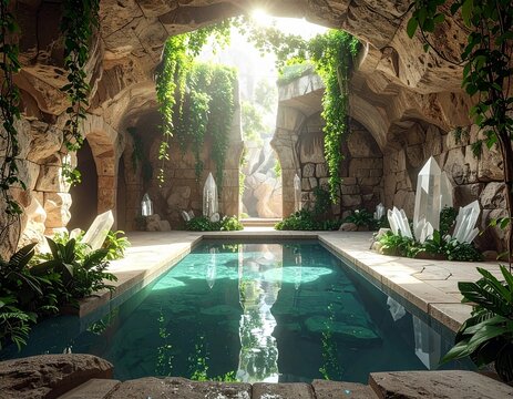 A series of photographs of secret grottoes or ancient pools adorned with lush vines and massive crystal clusters. Sunbeams filter through openings, creating a beautiful, magical, serene, and surreal a