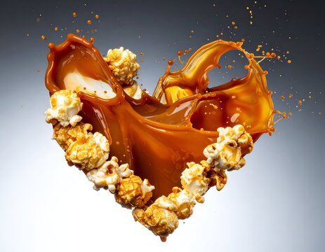 Caramel sauce splashes around popcorn, creating a heart shape, against a gradient background