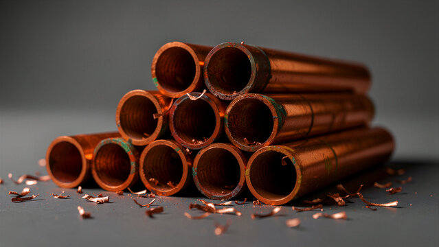 Stacked copper pipes with metal shavings on a dark surface. Industrial metal tubes showing oxidation and fabrication residue. Raw material concept, ideal for plumbing and metal recycling industries.