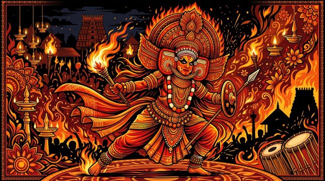 Dramatic Theyyam Art Performance Illustration with Flames for Kerala Cultural Festival