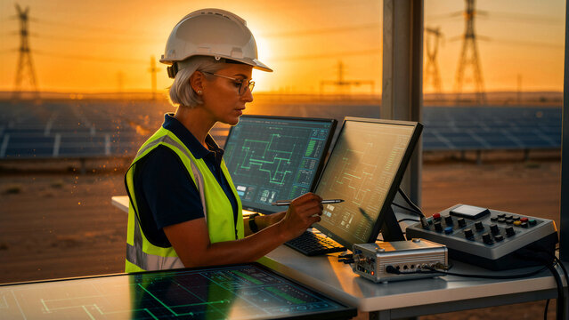 Female engineer monitoring solar farm data on screens at sunset. Professional technician in safety gear managing green energy grid. Renewable energy technology concept for industrial power marketing.