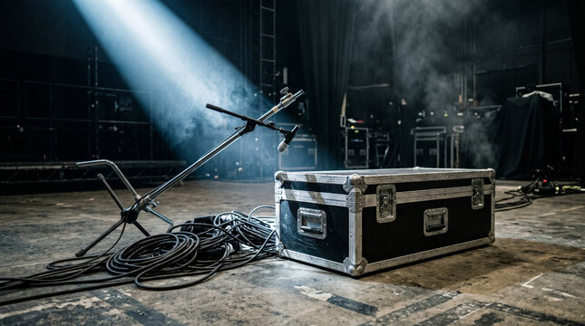 Professional stage equipment including a microphone stand and a heavyduty flight case on a dark, atmospheric concert stage with dramatic lighting