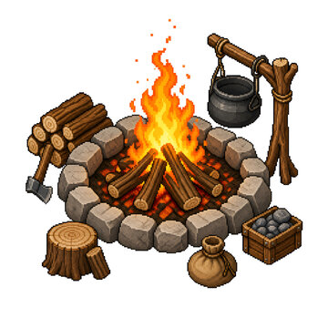 Pixel Art Campfire with Cooking Pot, Firewood and Axe Isolated on White