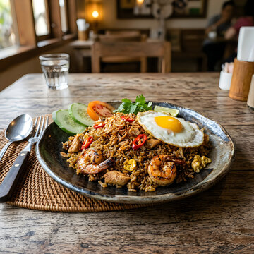 Delicious plate of rice with egg and meat dish