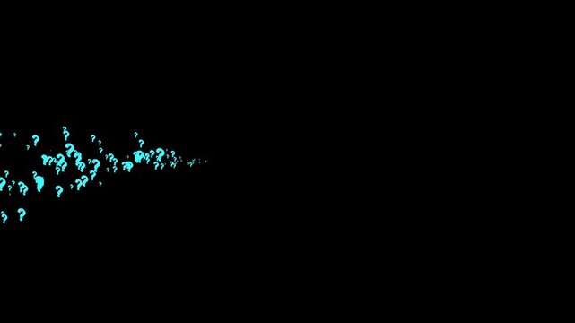 Question mark sign animation with many blue symbols moving on black screen, confused dizzy effect, pop up motion graphic, chroma key background, seamless 4k