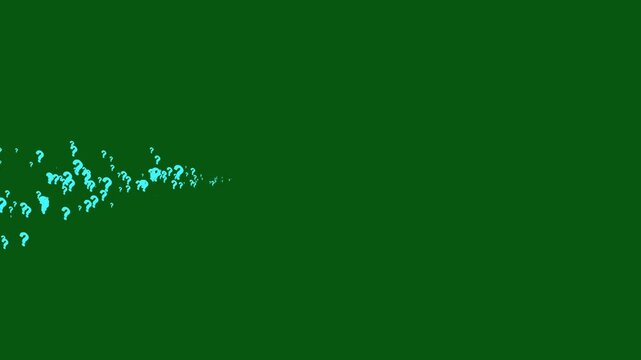 Question mark sign animation with many blue symbols moving on green screen, confused dizzy effect, pop up motion graphic, chroma key background, seamless 4k