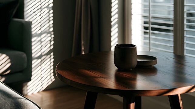 A dark ceramic cup sits on a round wooden table beside a window with blinds casting striped light into a calm interior space