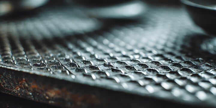 Closeup texture of a dark metallic surface with a repetitive pebblelike pattern and soft lighting.