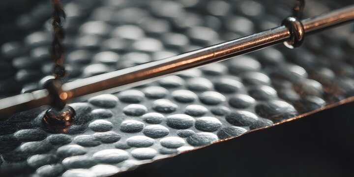 Closeup view of textured metal surface with riveted chain and polished rod detail
