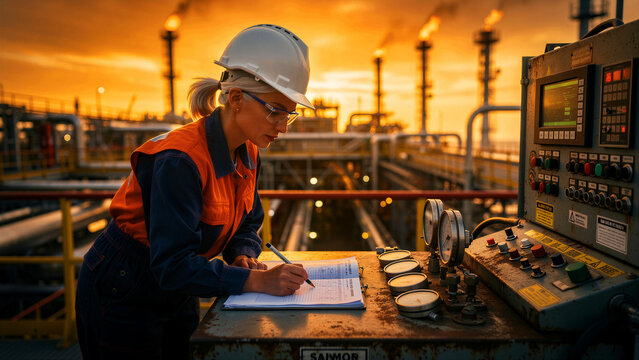 Female engineer in hard hat writing notes at an industrial plant. Technician performing inspection at an oil refinery during sunset. Industrial safety and energy sector career concept.