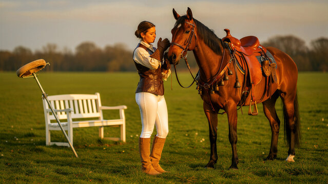 Woman in equestrian gear adjusting horse bridle in sunny field. Rider prepares saddled bay horse for riding at sunset. Equestrian lifestyle and animal care concept for outdoor hobby marketing.