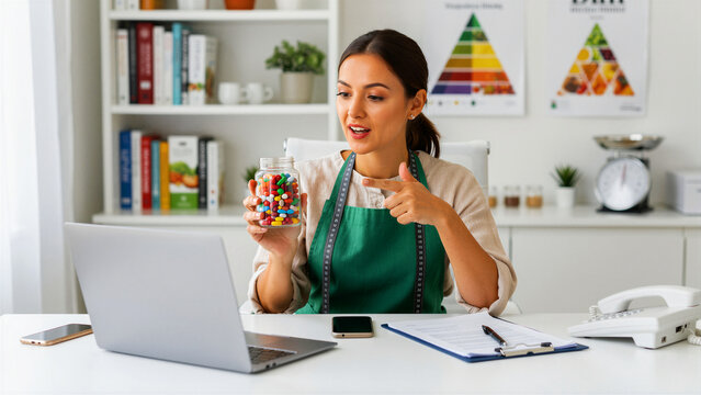 Female nutritionist pointing at jar of colorful supplements during a video call. Professional health coach in a modern office. Dietetics consultation concept for wellness and healthcare marketing.