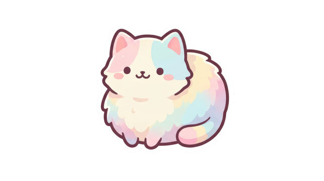 Cute fluffy pastel rainbow cat illustration isolated on transparent background