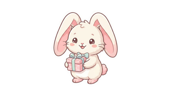 Cute cartoon bunny holding a pink gift box isolated on transparent background