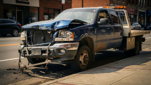 Damaged blue tow truck with front wreckage parked on urban street. Wrecked service vehicle showing crumpled hood after collision. Insurance claim concept for auto repair and safety marketing.