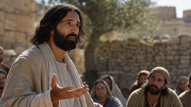 Jesus teaching a crowd in an ancient city. Biblical sermon about the Kingdom of God, spiritual growth, repentance, salvation, and entering through the narrow gate from Luke 13