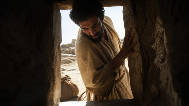 Biblical man standing at a narrow stone doorway and looking outside. Spiritual lesson about seeking salvation, repentance, faith, and entering the kingdom of God.