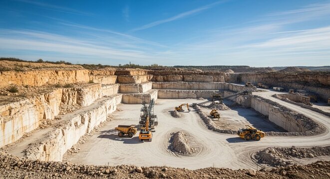 Expansive Limestone Quarry Operation with Heavy Machinery and Terraced Excavations Under a Bright Blue Sky
