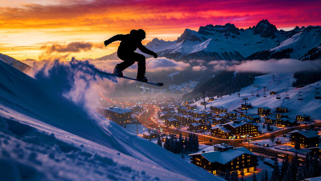 Snowboarder jumping over a snowy slope at sunset. Winter athlete performing a trick above a mountain village. Extreme winter sports concept for travel and adventure marketing campaigns.