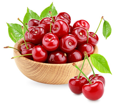 red cherry in wooden bowl isolated on white background. clipping path