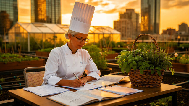 Female chef writing in a menu planner on a rooftop urban garden. Professional cook organizing farm-to-table ingredients at sunset. Sustainable culinary planning concept for restaurant marketing.