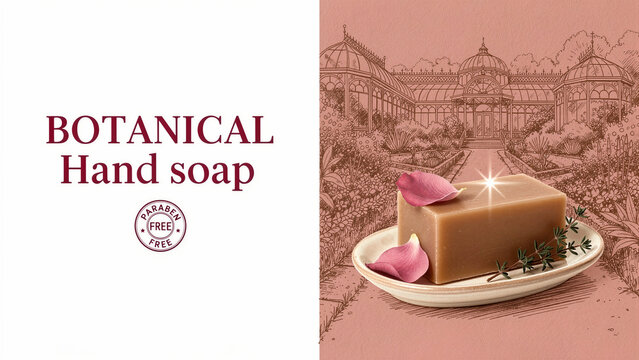 Botanical hand soap bar on a plate with rose petals. Paraben-free product design over a garden sketch background. Organic beauty concept, perfect for natural hygiene marketing.