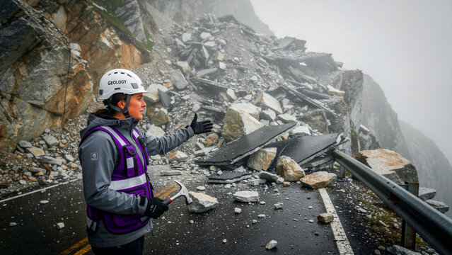 Female geologist inspecting a landslide on a mountain road. Professional engineer evaluates structural damage and debris blockage after a disaster. Infrastructure risk assessment and safety concept.