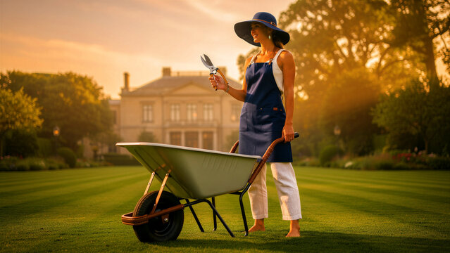 Woman gardener holding shears with a wheelbarrow on a luxury estate lawn. Professional landscaper wearing an apron and hat during golden hour. Upscale gardening and property maintenance concept.