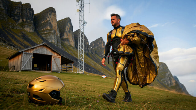 Man in gold suit walking in mountains with a parachute. Professional athlete preparing for base jumping near a cabin and tower. Extreme sports adventure concept for travel and lifestyle marketing.