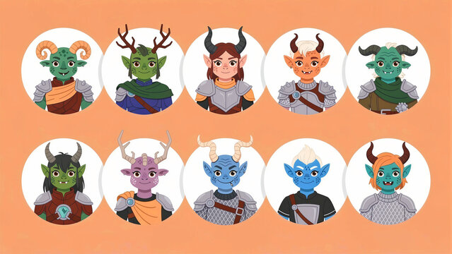 Fantasy character avatars featuring horned creatures and armored figures. Diverse collection includes goblins, tieflings, and orcs in gear. RPG design asset for video game UI and user profiles.