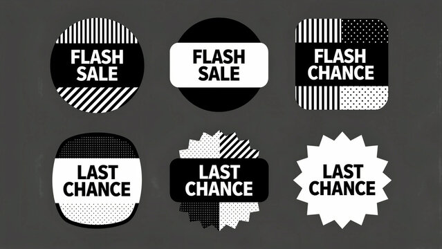 Monochrome flash sale and last chance promotional labels. Minimalist black and white stickers featuring geometric patterns. Discount marketing concept for e-commerce retail and limited offers.